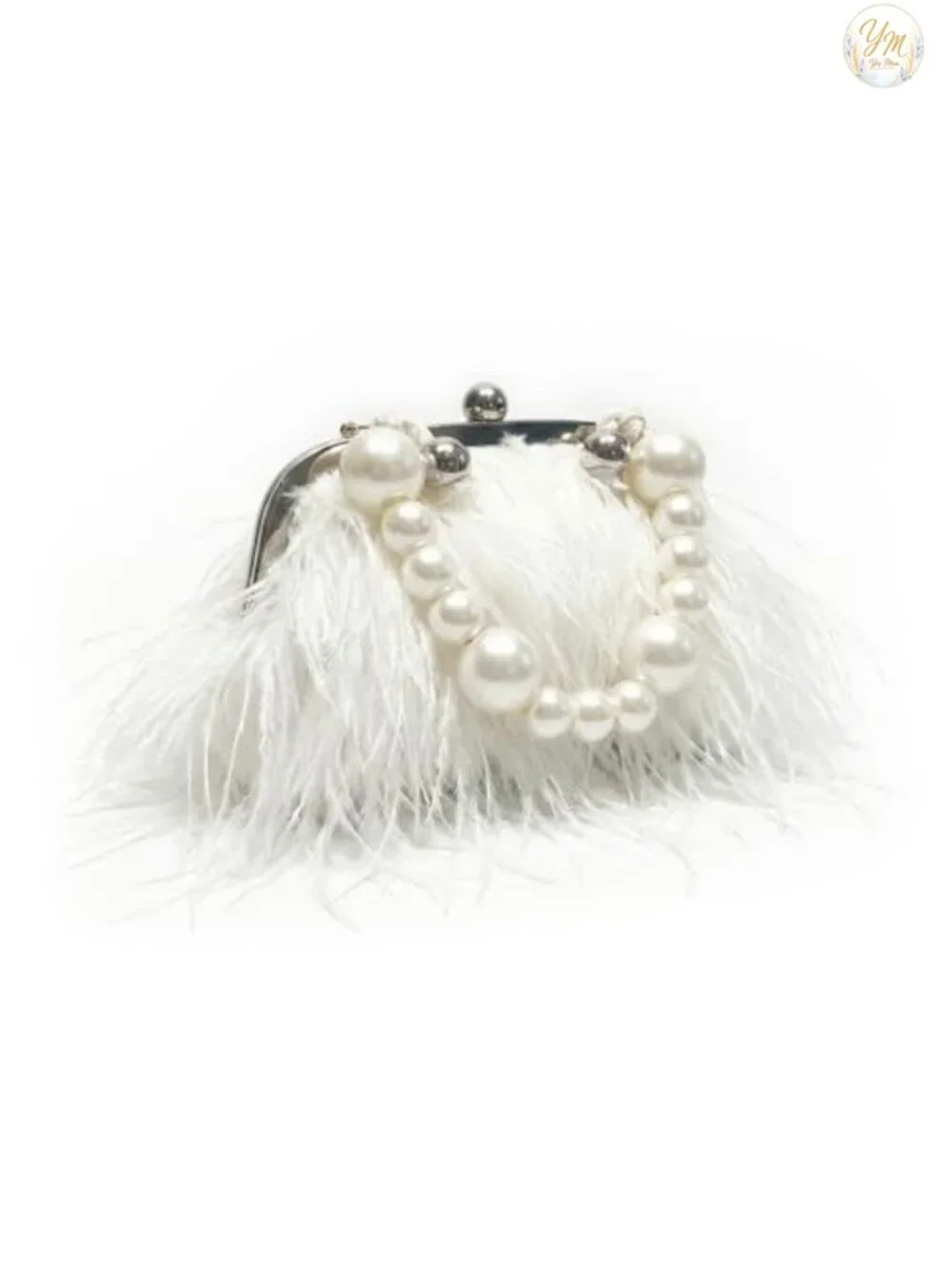 Vintage Fluffy Ostrich Feather Evening Bag Clutch Pearl Chain Tote Bridal